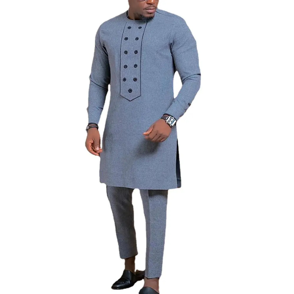 Vêtements Africains Pour Hommes Ensemble 2023 Brodé Bouton Top Et Pantalon Décontracté Bleu Clair Costume Tenues 2 Pièces Hommes Dashiki