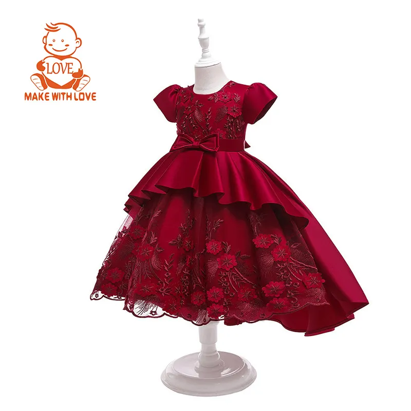 Beibeihappy tùy chỉnh Haute TUXEDO ăn mặc trailing Red Rose thêu trẻ em ren công chúa bên đám cưới ăn mặc cô gái Grace