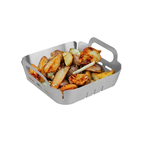 Portable Non Stick Barbeque Square Grill Topper Pan Accessories Vegetable Basket Grilling Veggies Bbq Wok Pan With Handles