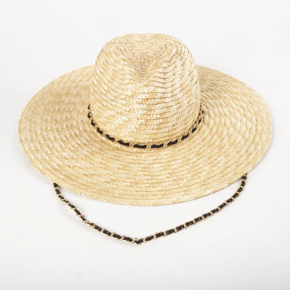 Sombrero de paja de ala grande para mujer Diseño de cadena negra Verano Viaje al aire libre Playa Mexican Big Brim Sun Hats