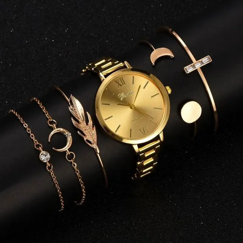 Moda quarzo oro ginevra femminile orologio da donna Set regalo semplice 6 pezzi orologio e bracciale Set donna