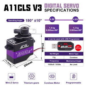 AGFRC A11CLS V3 1.4kg 0.065s Metal Gear 11g 6.0V Coreless Programmable Digital Micro Servo <strong>RC</strong> 1/28 Mini-Z GL Racing Car - Product Image 5