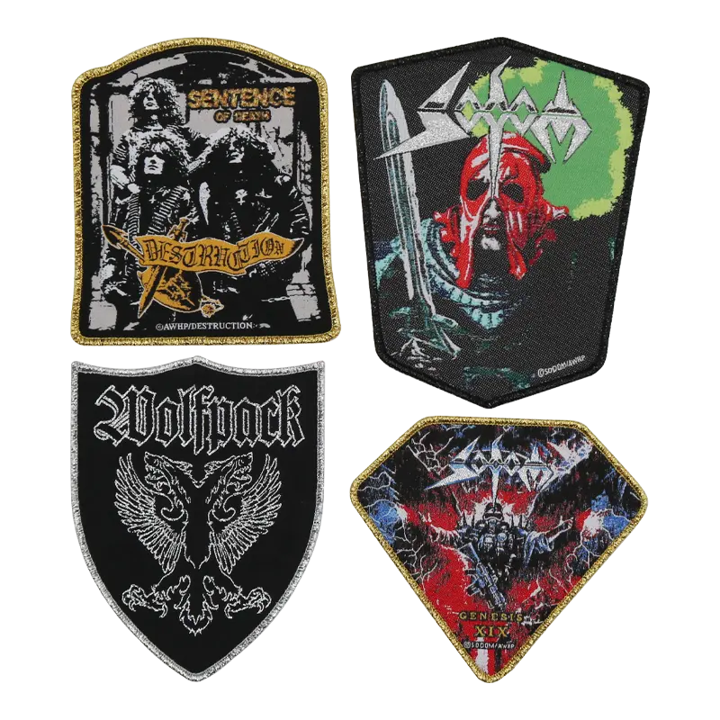 Logotipo personalizado, alta densidade personalizado pesado trad nwobmo miscelâneo potência adesivo do logotipo do metal da borda da mergulha patches tecido para chapéus