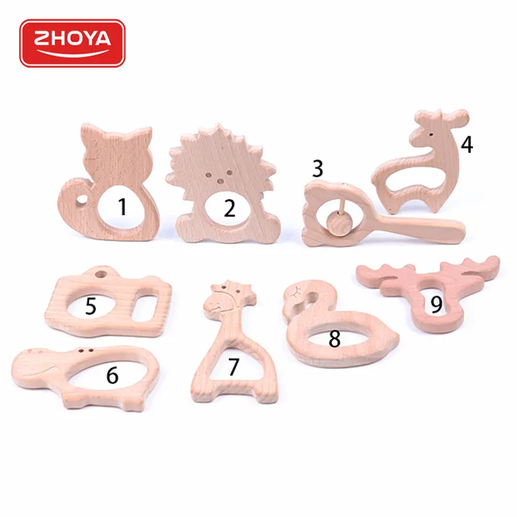 9 Designs Big Size Cute Animal Shape Beech Wooden Teether DIY Accessories Hand Bell Newborn Toys