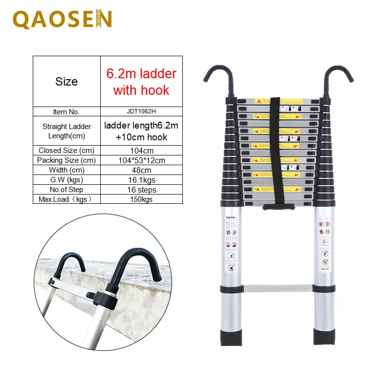 Escalera telescópica individual de 6,2 M de nuevo diseño con gancho para colgar en la pared
