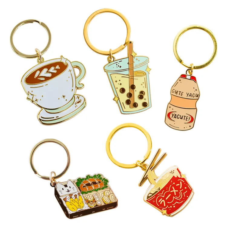 Promotional Sublimation Character Enamel Keychain Cute Food Drink Coffee Sushi Keychain Accessories Custom Car Metal Keychain