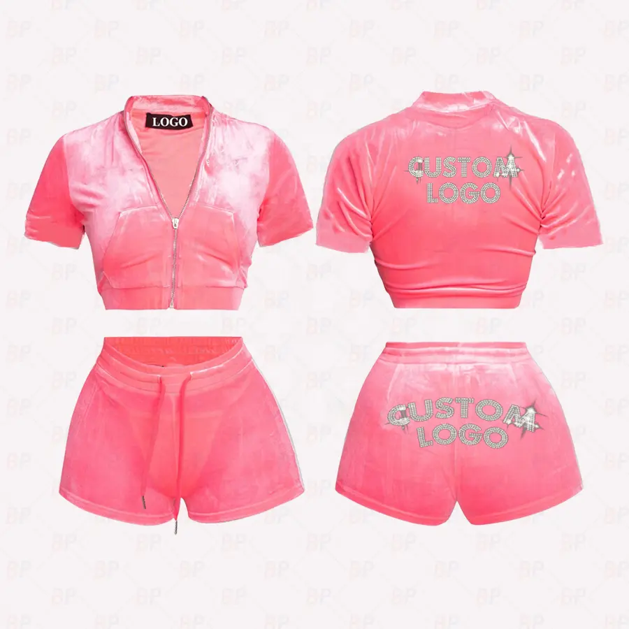 Custom Rhinestone LOGO Summer Outfit Crop Short Sleeve Zip Up Velvet Women Tracksuit Jogger Shorts Two 2 piece Women's Set