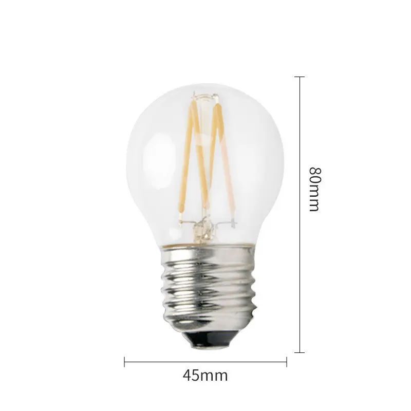 Bombilla de filamento led transparente G45 personalizada, lámpara con ángulo de haz de 360 grados, 220v, 120v, cubierta de vidrio, estilo Edison E27