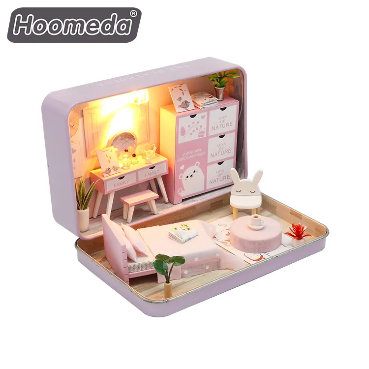 Hongda custom design Wooden MIniature doll house diy pink DollhouseWith iron boxes
