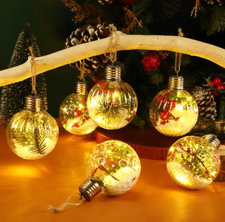 Bola de Navidad de plástico con luz LED de 8cm, suministros para fiestas, adornos de Navidad, adornos para árbol de Navidad, decoraciones colgantes