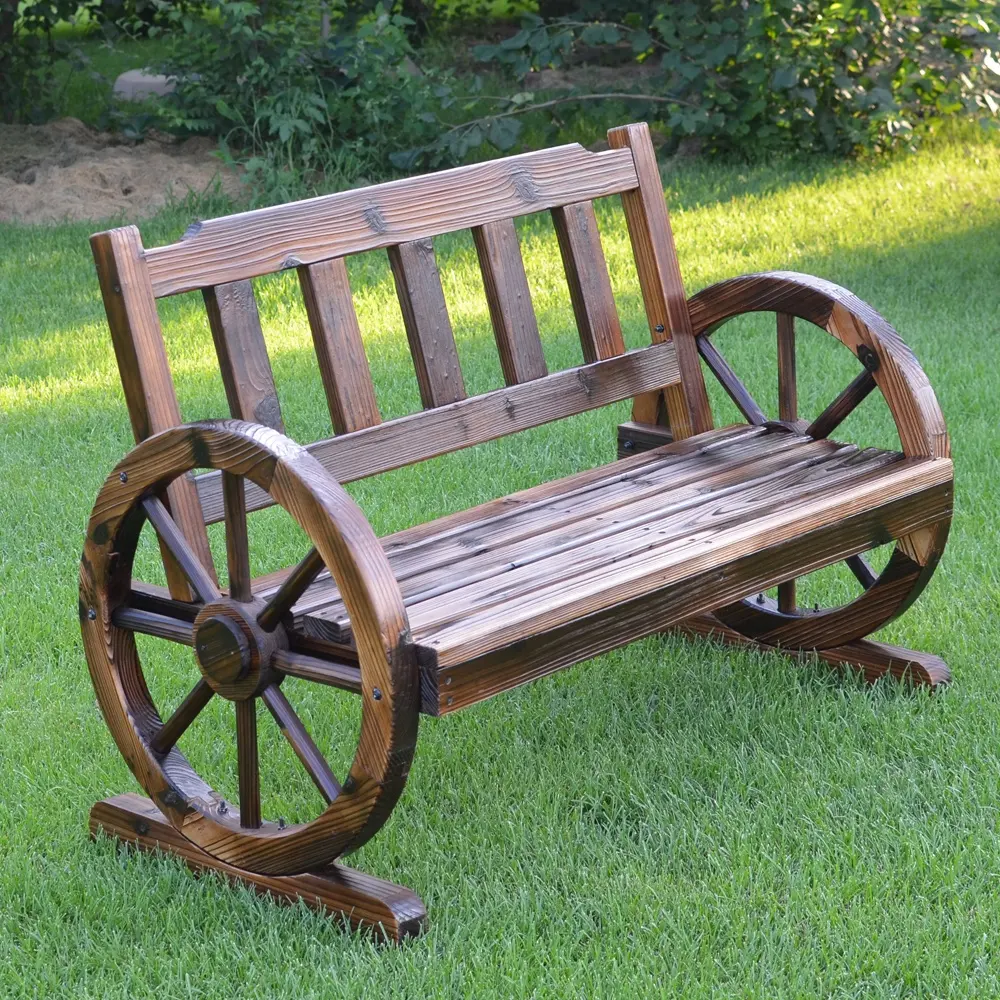 Bancs en bois pour deux personnes avec accoudoirs de roue de chariot pour patio extérieur