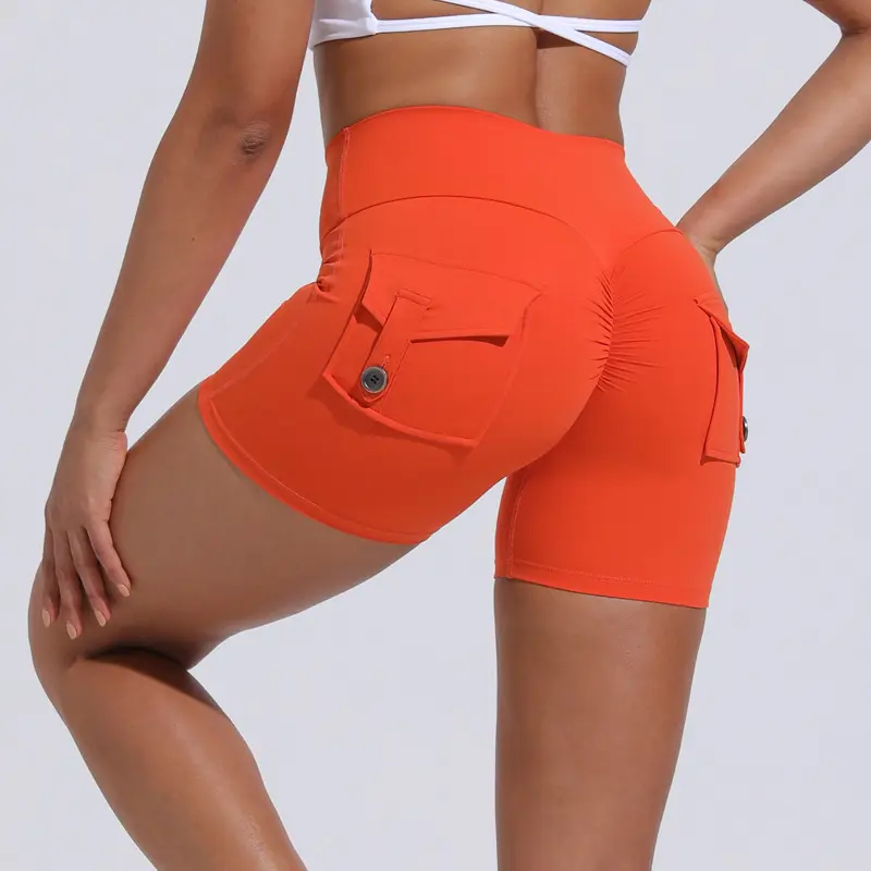 Pantalon de Yoga Poche Femmes Sport Biker Short Coloré Scrunch Butt Lifting Taille Haute Pêche Hanche Séchage Rapide Yoga Court avec Pock