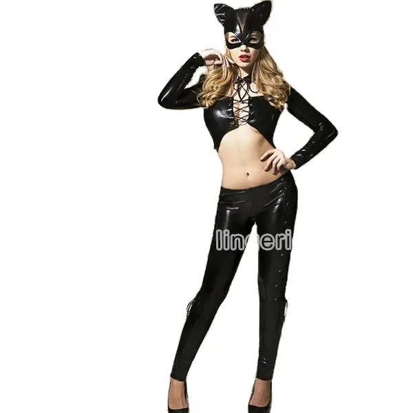 JSY Black Leather Sexy Woman Dress Halloween Costume Cosplay Catwoman Costume