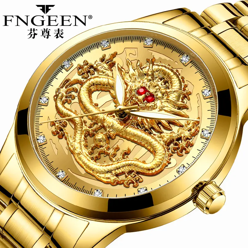 FNGEEN Gold Dragon orologio al quarzo di alta qualità orologi Casual da uomo in acciaio inossidabile Top Brand Luxury Business Fashion Watch Men