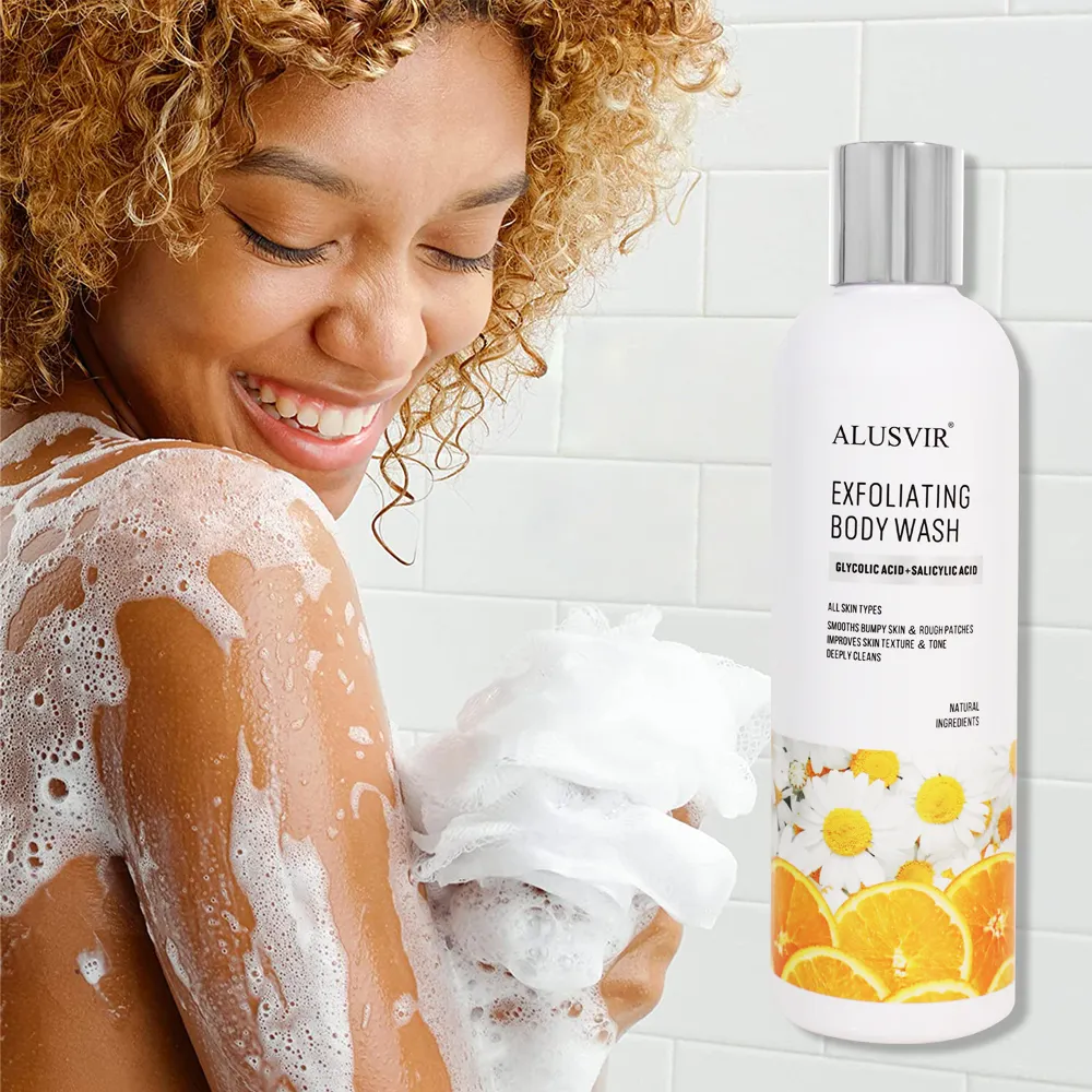 プライベートラベル12%Glycolic Acid 2% Salicylic Acid Exfoliating Smooth Skin Strong Whitening Orange Acne Treatment Bath Body Wash