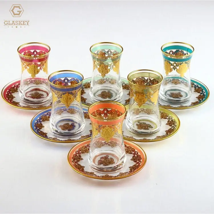 Boyalı cam bardak kahve çay potu  kap seti tepsi ile altın çiçek cam türk çay bardağı ramazan için