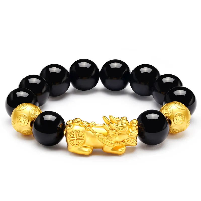 Blues RTS Nature Black Stone Obsidian Beads Bracelet placcato in oro Pixiu attirare Lucky Wealth Bracelet For Men Women Jewelry