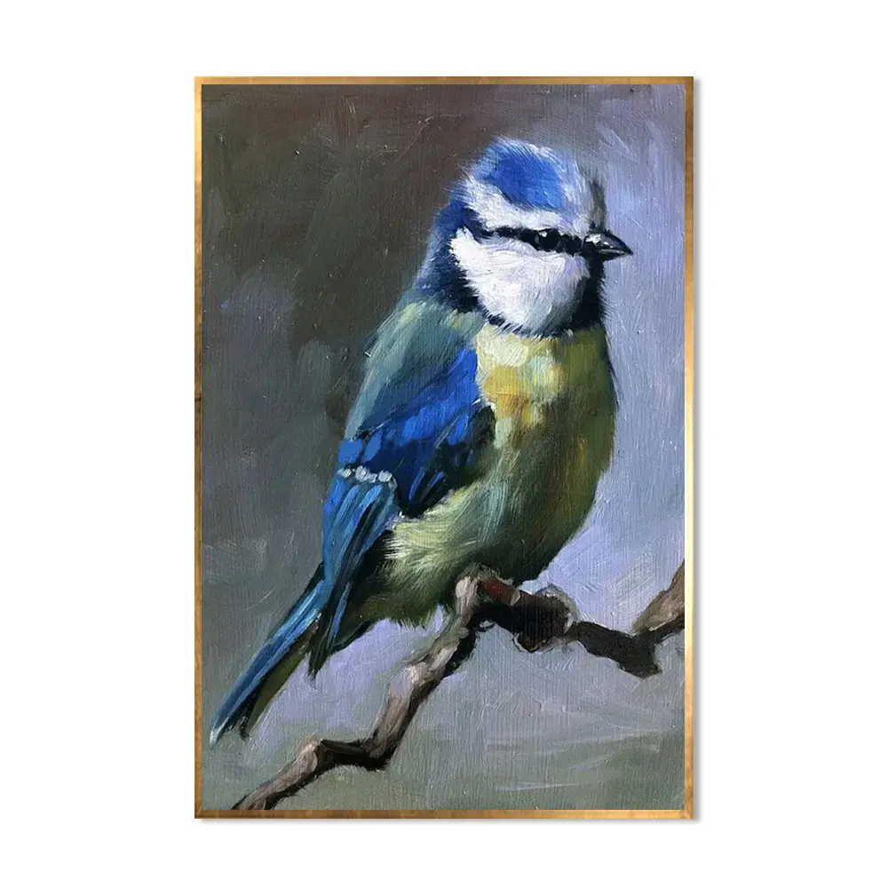 100% hecho a mano estilo chino clásico encantador pájaro azul y blanco de pie en la rama pintura al óleo sobre lienzo para decoración animales