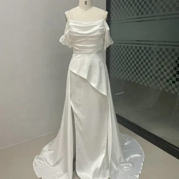 Top de tubo de satén de manga corta, vestidos de fiesta de noche sin tirantes, vestido de sirena dividido, venta al por mayor, vestidos de invitados de boda para mujer