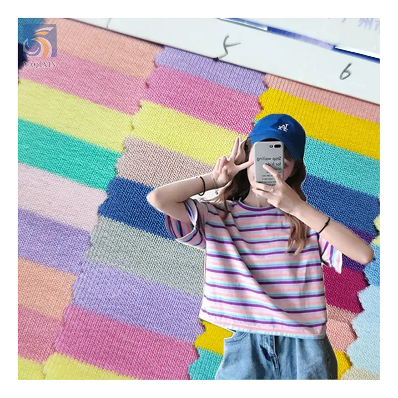 Toptan streç gökkuşağı Pinstripe İplik-boyalı pamuklu kumaş çocuk T-shirt tek Jersey pamuklu kumaş