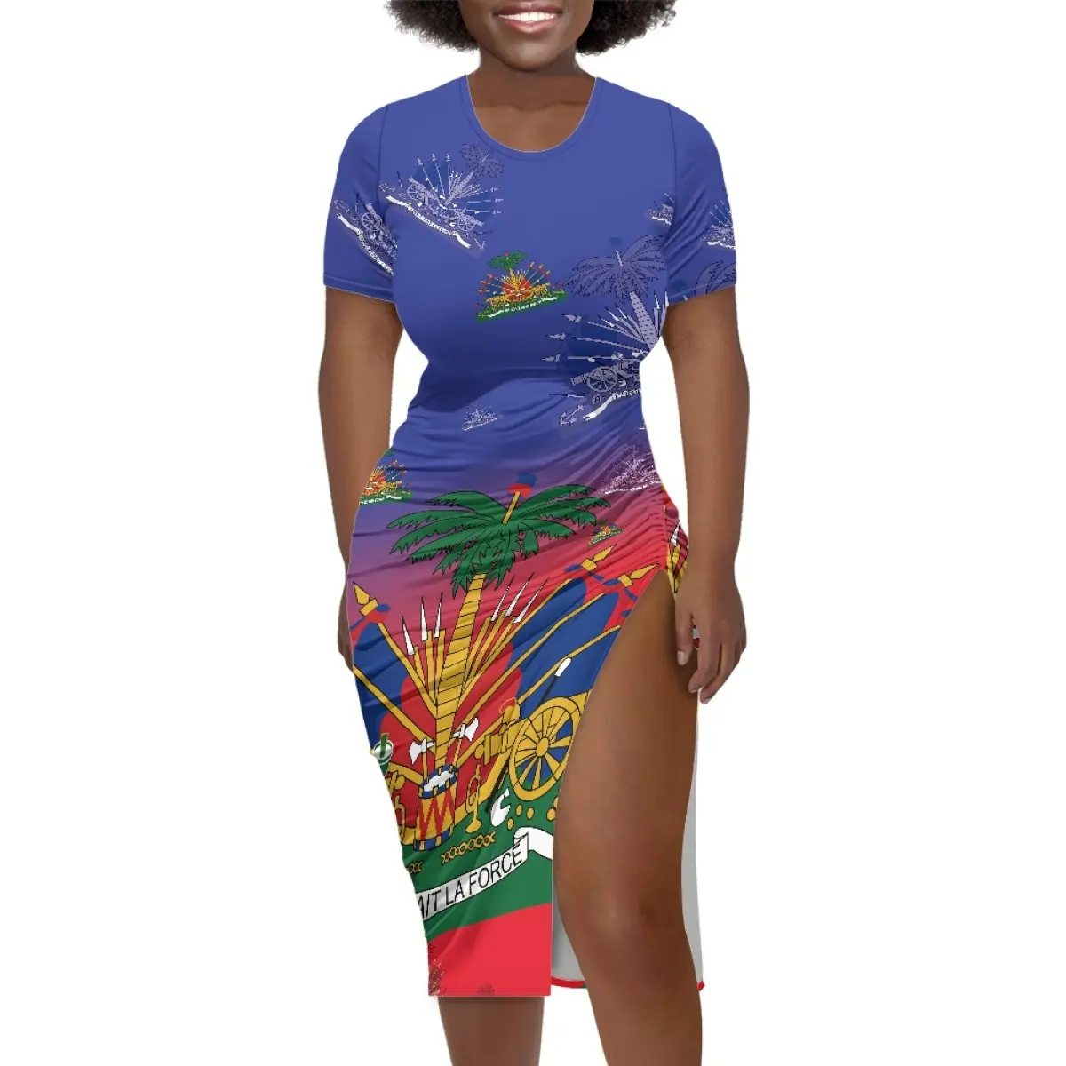 بولينيزي هايتي شعار مطبوع مخصص فستان نسائي نحيف عصري مثير فتحة فستان بأكمام قصيرة بيع بالجملة فستان حفلة شاطئ