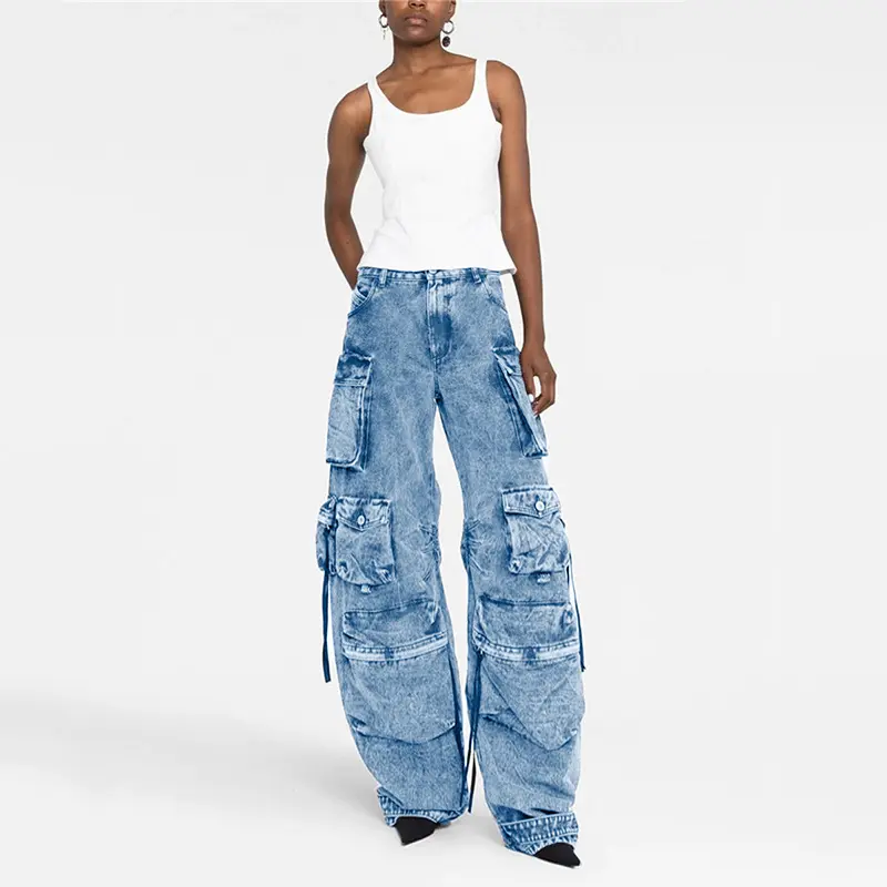 Enyami American Retro Hot Girls Apparels Y2K Causal Multi Pockets Wide Legs Denim Parachute Trousers Cargo Pants Jeans Women