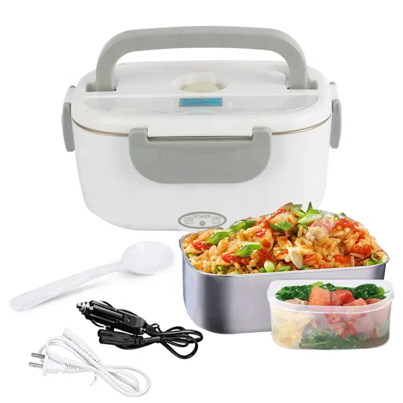 Draagbare Elektrische Lunchbox Met Lepel 12V 24V Voedselverwarmer Rijstcontainer Warm Houden Roestvrijstalen Voering Bento Box