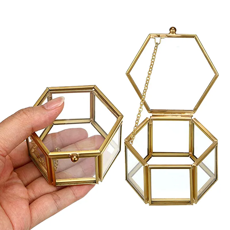 Caja de regalo de joyería pequeña de latón dorado con forma hexagonal, Logo personalizado, caja de joyería de oro transparente
