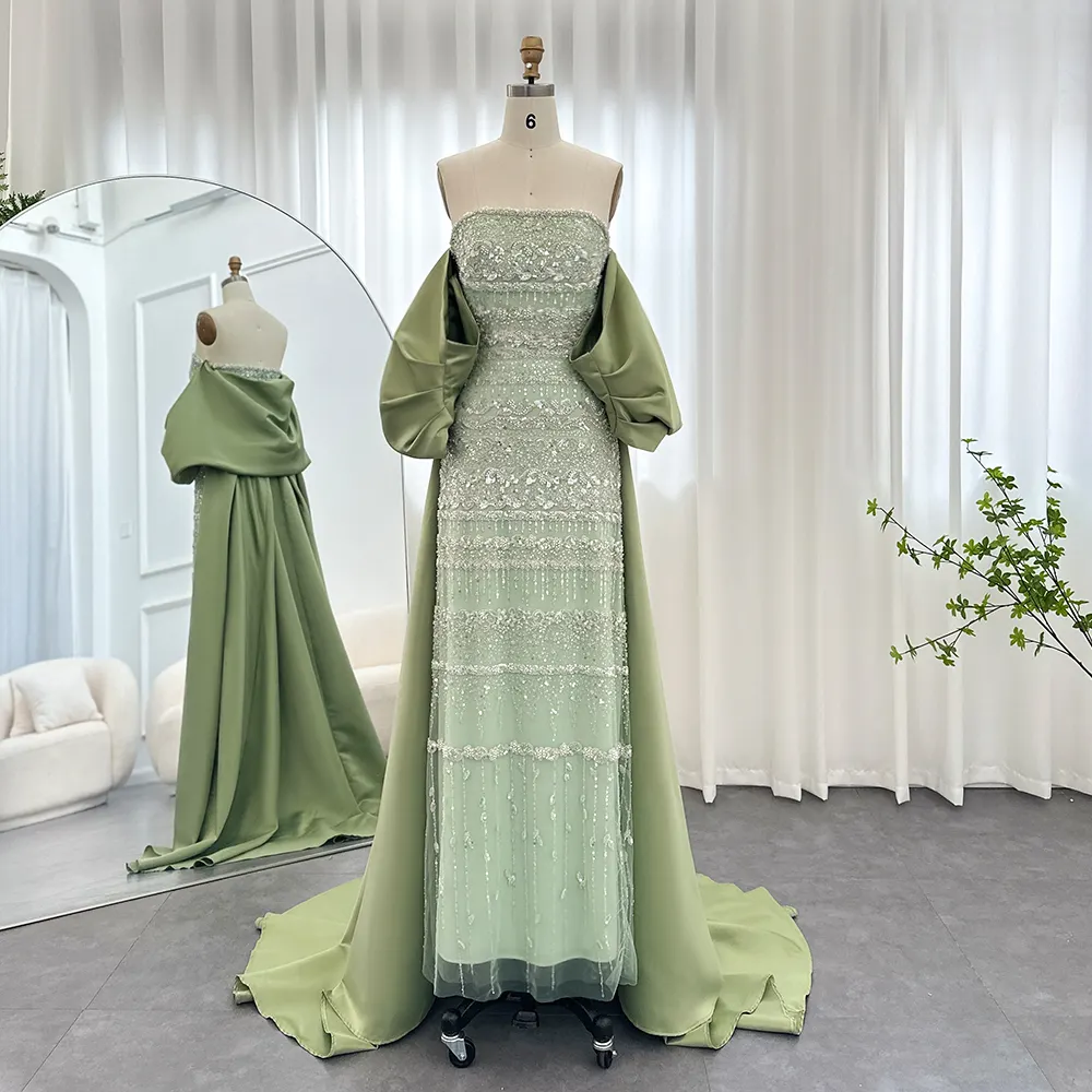 Vestidos de noche de lujo de Dubái verde salvia con capa 2023 árabe azul con cuentas elegantes mujeres vestidos de fiesta de boda Scz147-2