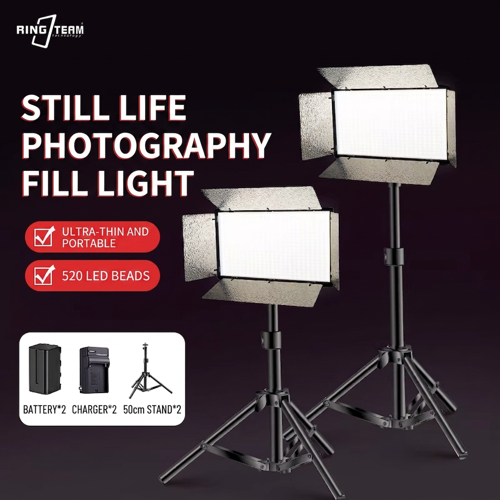 Noir : Kit double éclairage LED-520 + 2 supports de 50 cm Batterie 4400 mAh