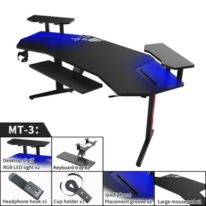 Escritorio de Juegos de ordenador con forma de ala grande para PC con soporte de monitor ajustable y bandeja para teclado, mesa de juegos RGB negra grande - Product Image 2