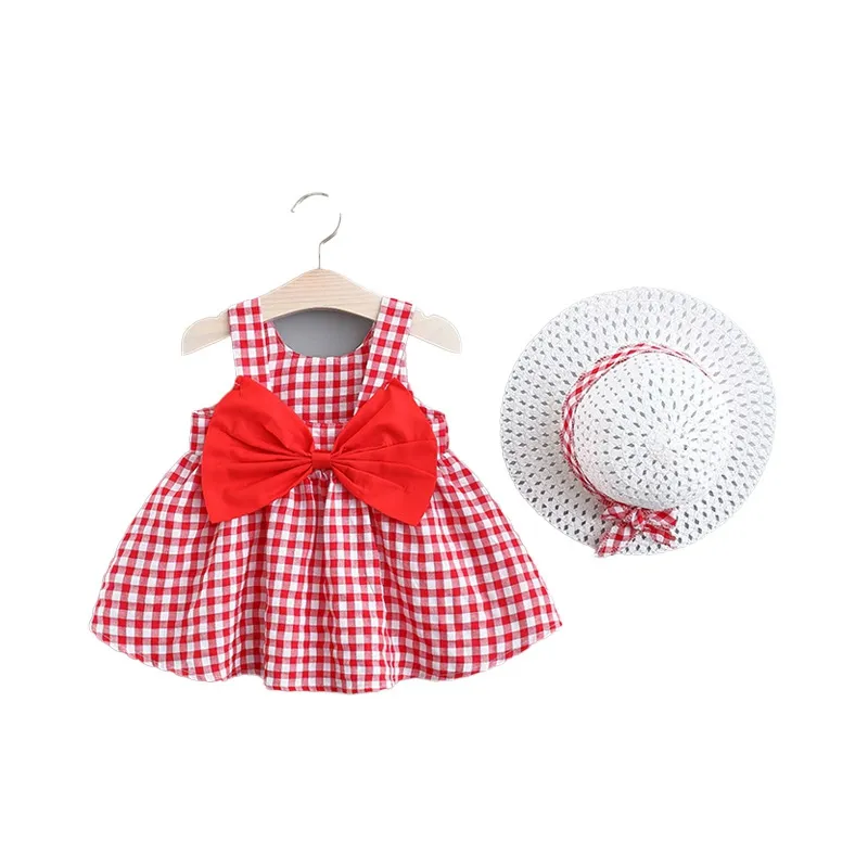 2 parça yazlık Toddler kız giysileri Set bebek plaj elbiseleri sevimli yay ekose kolsuz pamuk yenidoğan prenses elbise + Sunhat 2012