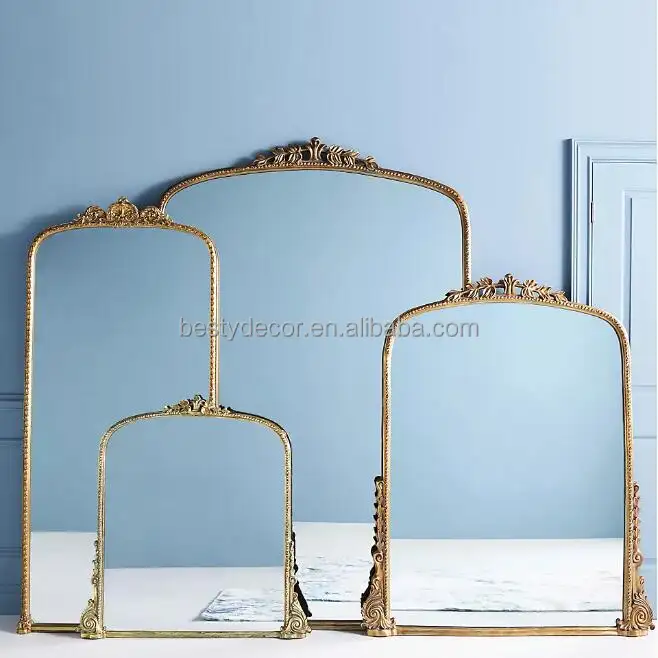 Espejo de resina de arco dorado francés de gran tamaño para sala de estar, espejo de pared decorativo de lujo adornado, parisino, venta al por mayor