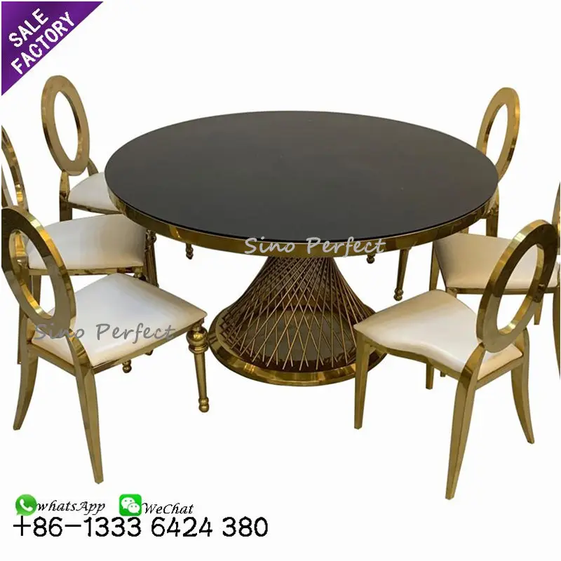 Mesa de comedor redonda de acero inoxidable para exteriores, juego de 6 sillas, color dorado