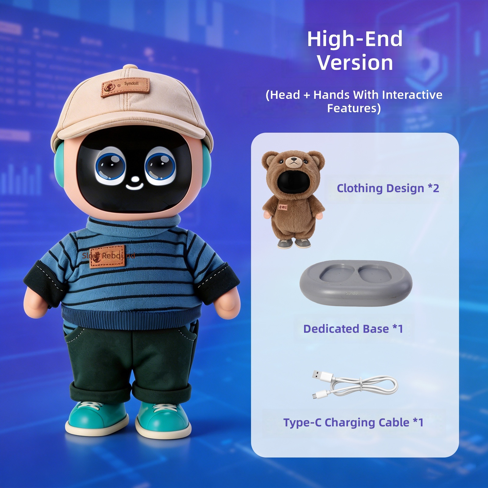 Costume d'ours robot ai à haut degré de correspondance, chapeau de costume bleu