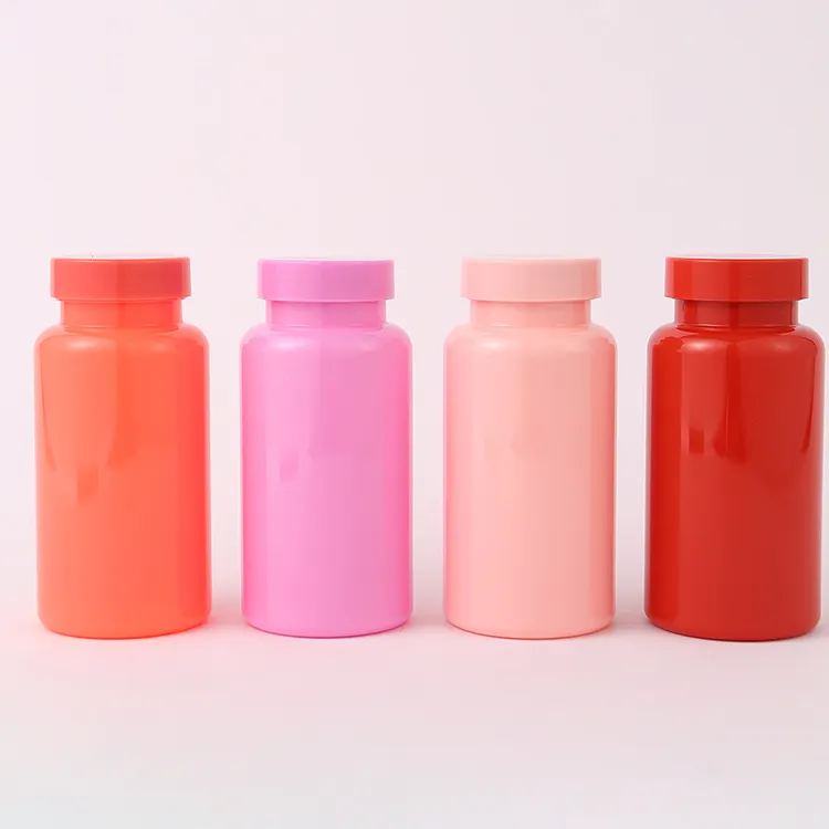 Contenitore per Capsule in PET economico personalizzato 150Ml rosso rosa integratore vuoto capsula di vitamina pillola bottiglia di plastica per l'imballaggio