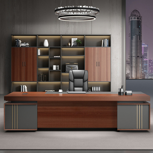 Hiện đại điều hành văn phòng bàn thiết lập với kệ sách lưu trữ sang trọng Gỗ Veneer quản lý bảng với ngăn kéo và ghế da - Product Image 1