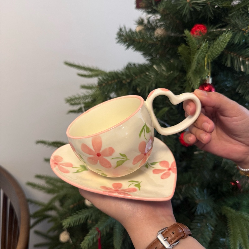 Tasse fleur rose feuille verte 280ml plat coeur