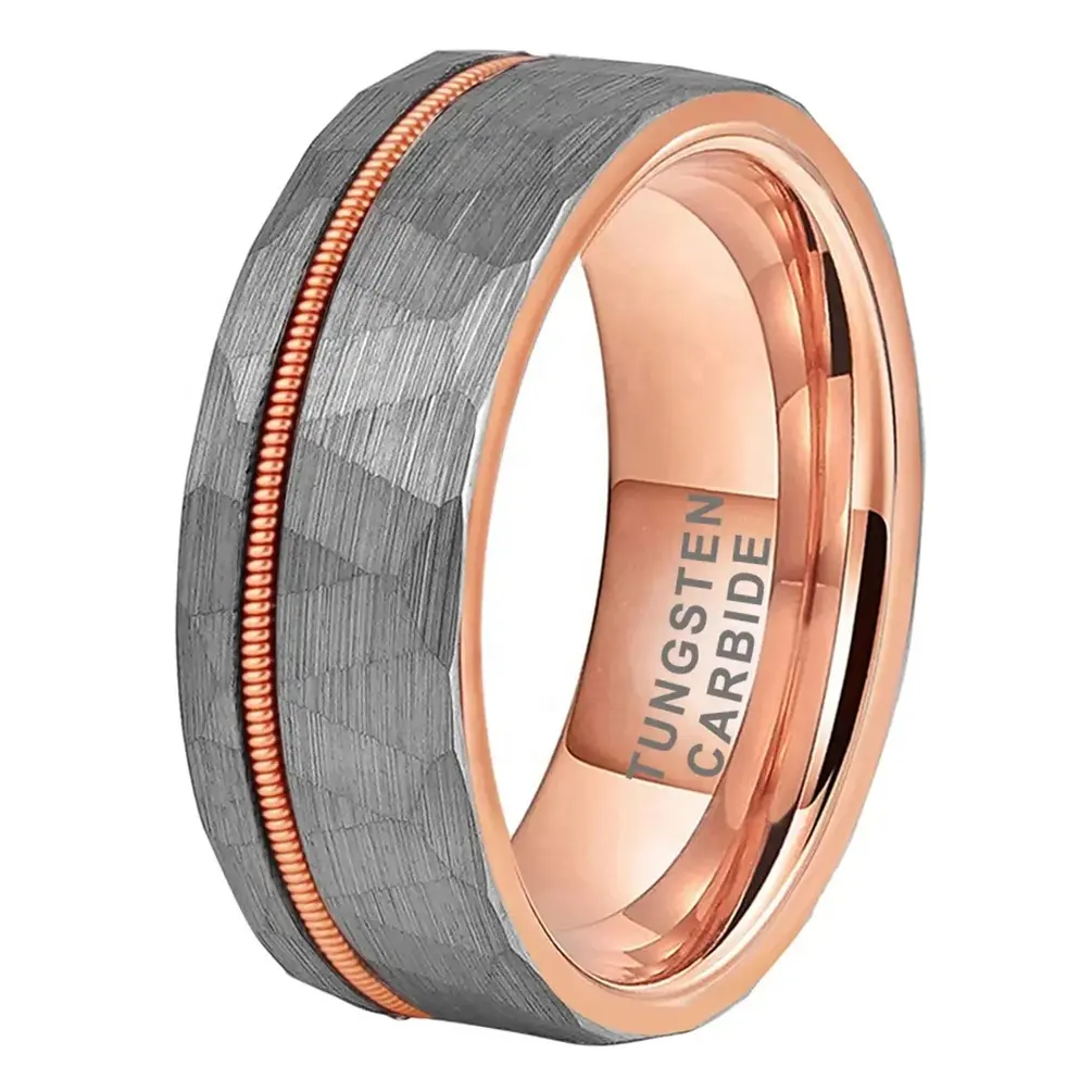 Anillo de tungsteno martillado de oro rosa de 8mm Alin para hombres y mujeres, cadena de guitarra con incrustaciones, banda de boda de compromiso de moda