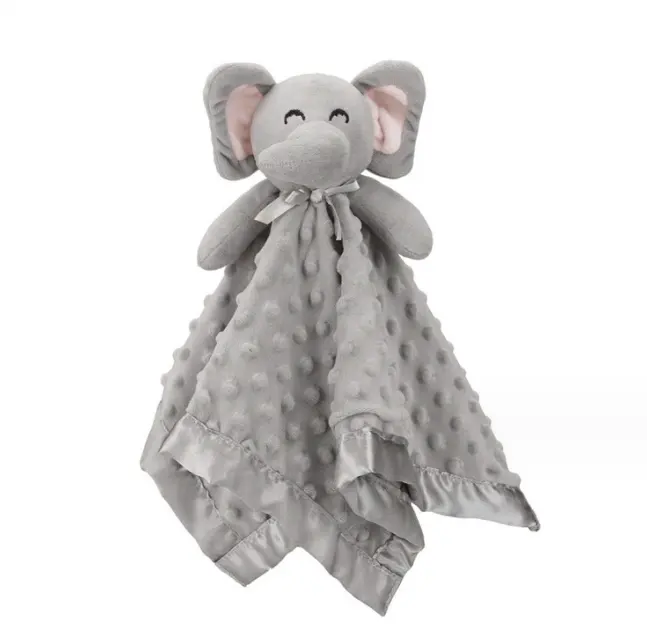 Atacado Personalizado Pelúcia Elefante Cobertor De Segurança Cinza Macio Bebê Lovey Cobertor Com Cabeça De Animal para Criança
