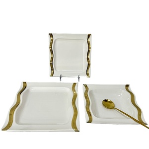 法国波浪图案长方形和方形白色金色陶瓷餐盘餐具套装 - Product Image 6