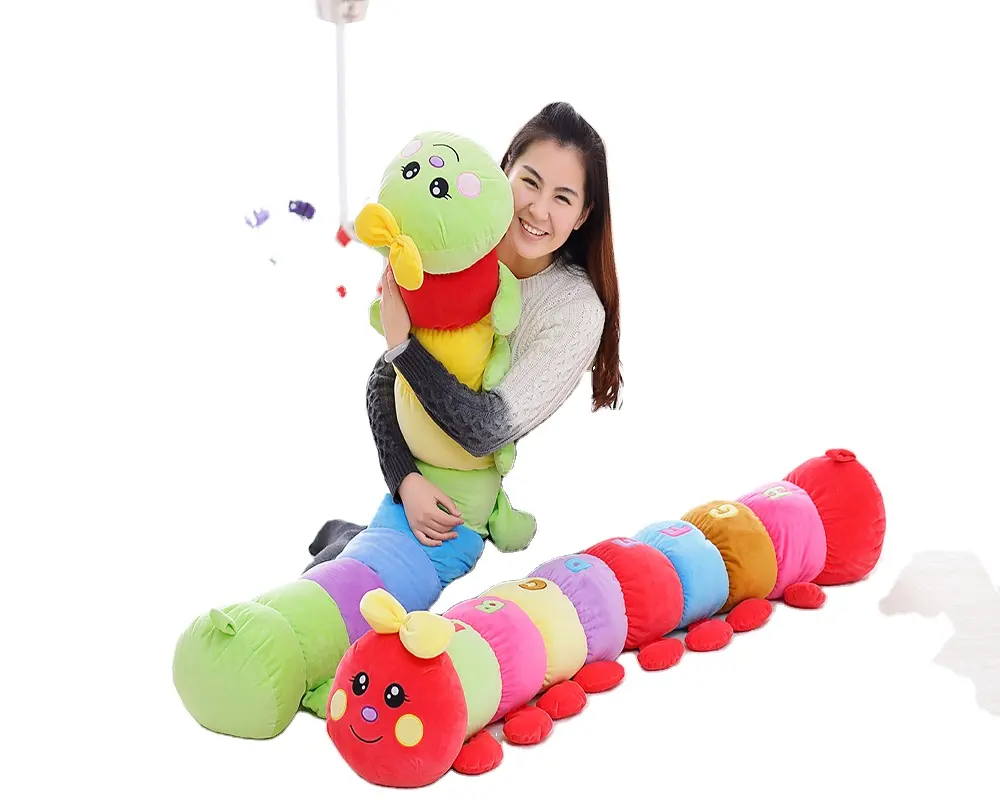 90/120/140cm beautiful customized plush caterpillar/carpenterworm doll bolster toy with embroidery flowers on back(colorful)