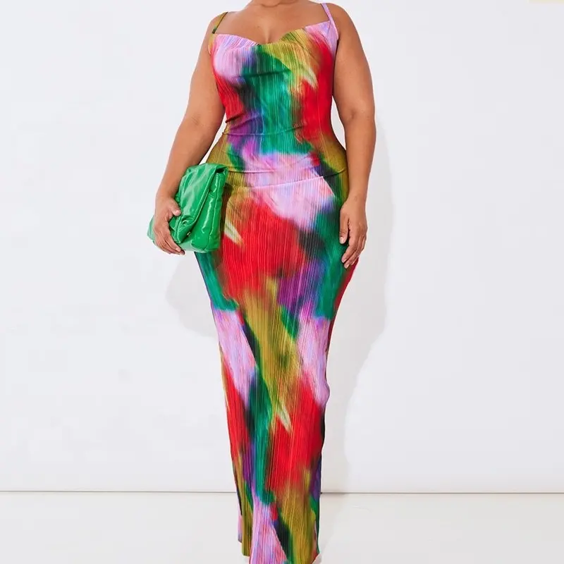2023 가을 패션 그라디언트 인쇄 주름 스트랩 드레스 여자 스파게티 스트랩 맥시 드레스