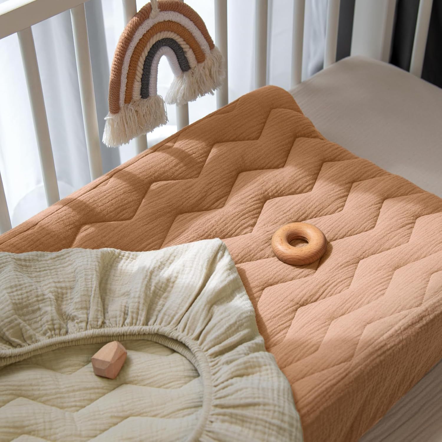 4 cream brown apricot-quilted bedspread
