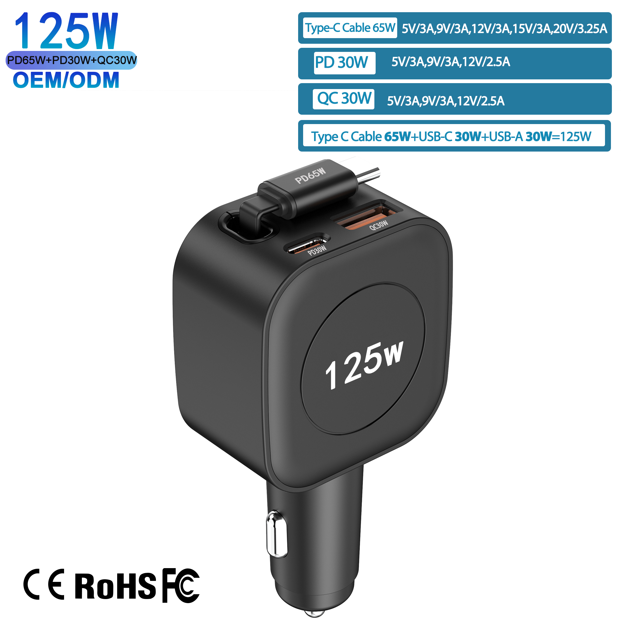 Caricabatterie rapido per auto retrattile da 125W