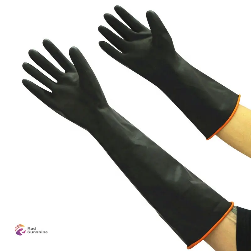 Oem อุตสาหกรรมเคมีหนักสีดำด้านนอกและสีส้มน้ำยางแขนยาวราคาถูกทำงานถุงมือยางมือ