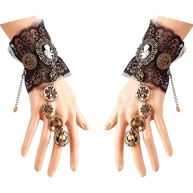 Guantes góticos de encaje Floral Steampunk, pulsera con cuentas Vintage, conjunto de anillo, accesorios Steampunk