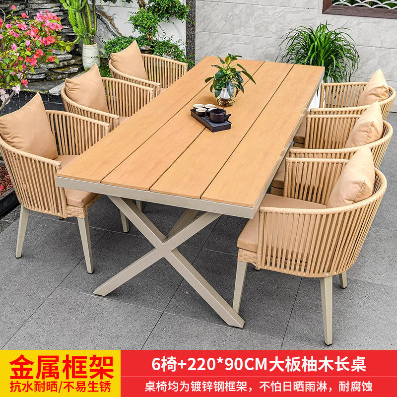 Estructura de acero galvanizado - 6 sillas + mesa larga de teca de 220 cm