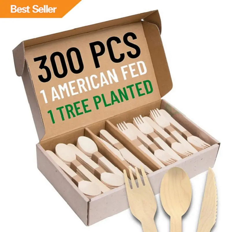 Eco-Friendly Biocomposite Take Away Birch Wood 6.2 Inch Outdoor Camping 300-Piece Disposable Wooden Spoon Fork Knife Cutlery Set