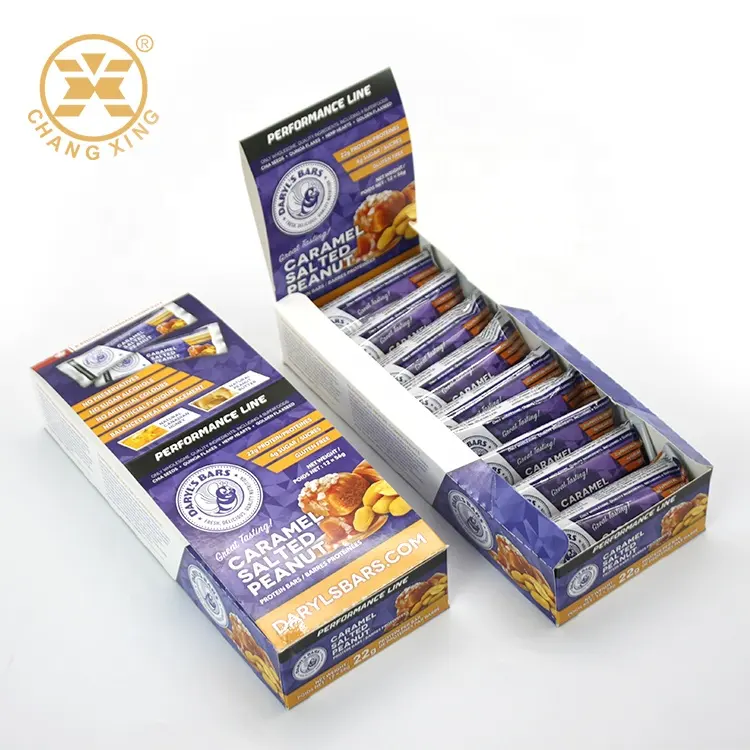 Mercato canadese popolare stampa personalizzata 400g congelato arachidi Snack Bar barretta proteica cioccolato cartone Display scatola di carta per imballaggio alimentare